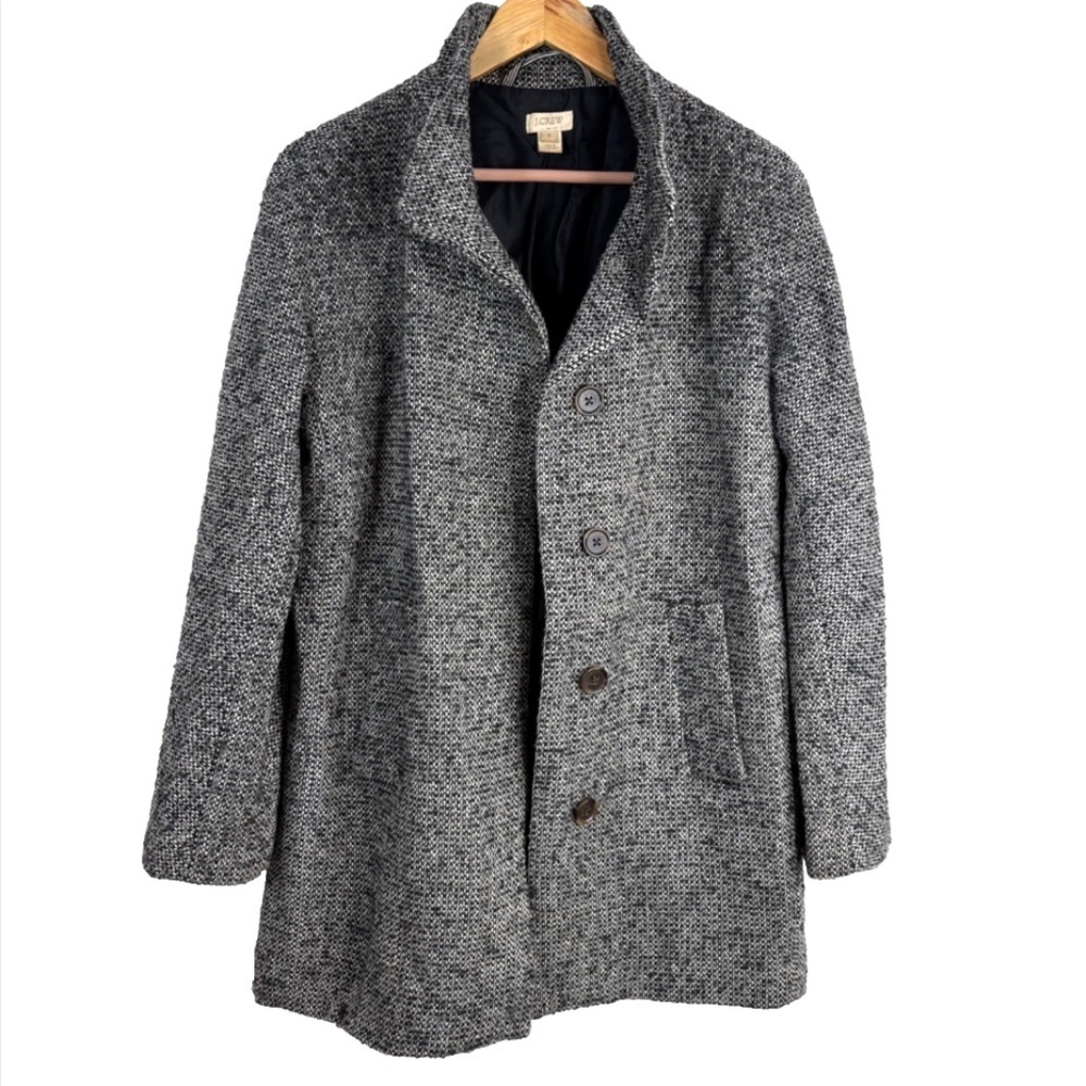 J Crew Daphne Wool Topcoat 8 Tweed Cocoon Coat Black White Old Money Preppy READ